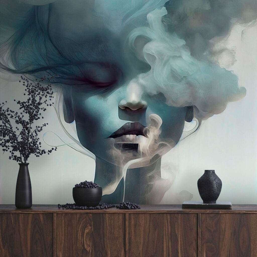 Visage voilé de bleu dans un intérieur