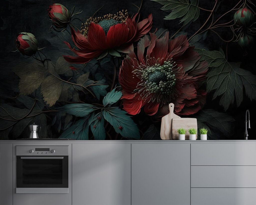 Floraison rouge sombre dans un intérieur