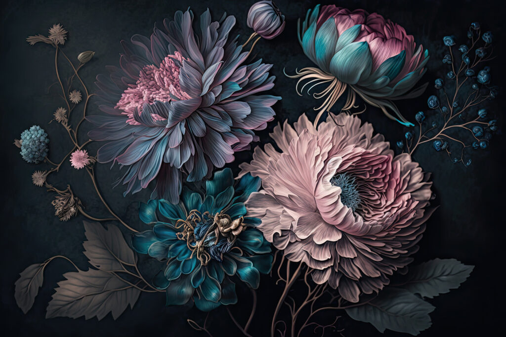 Fleurs roses en clair-obscur — motif complet