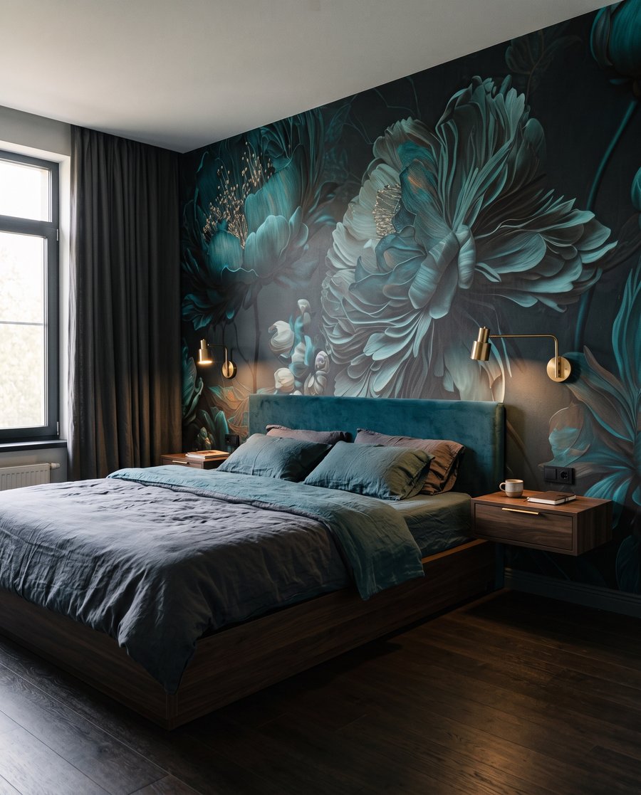Fleurs en turquoise nocturne dans un intérieur