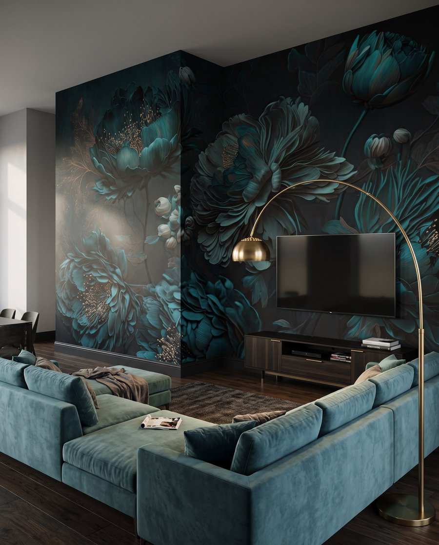 Fleurs en turquoise nocturne dans un intérieur