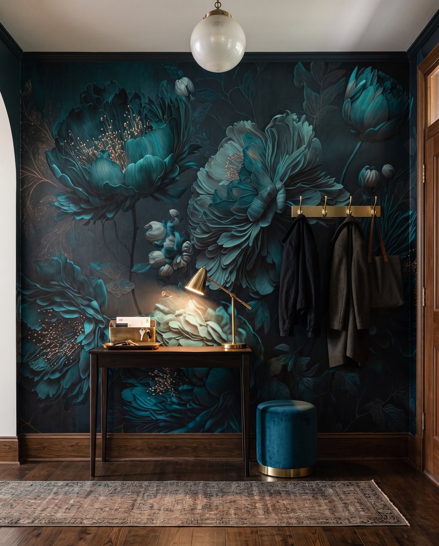 Fleurs en turquoise nocturne dans un intérieur