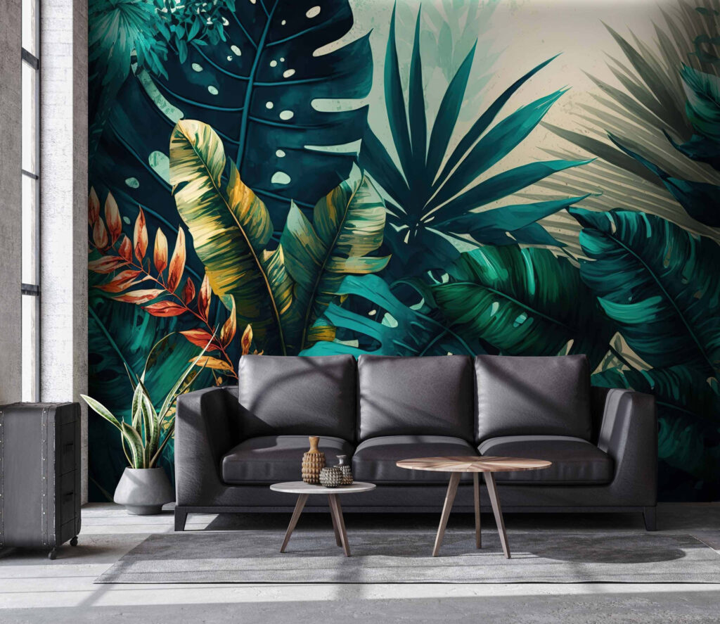 Feuillage tropical et lumière dans un intérieur