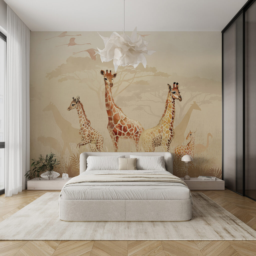 Girafes au matin brumeux dans un intérieur