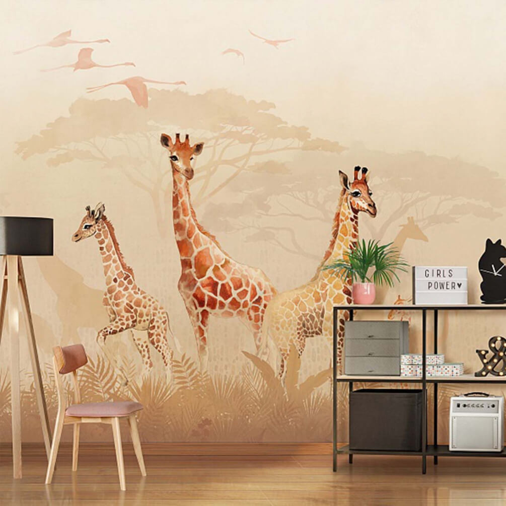 Girafes au matin brumeux dans un intérieur