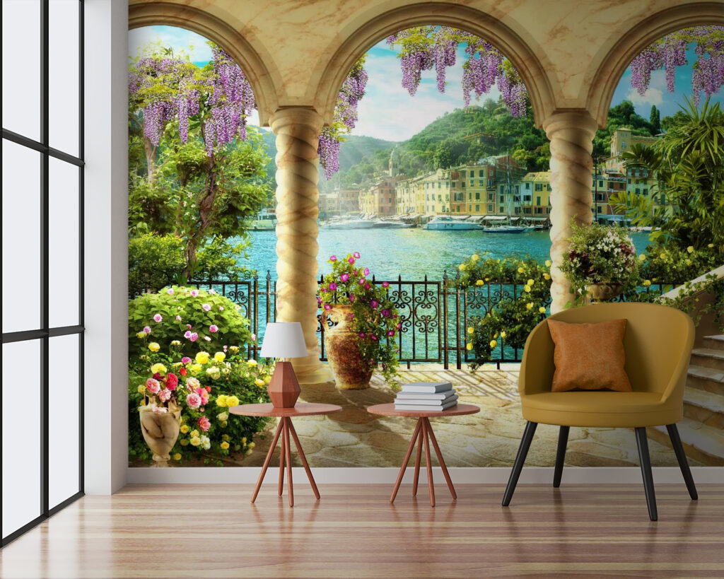 Balcon aux arches dorées dans un intérieur