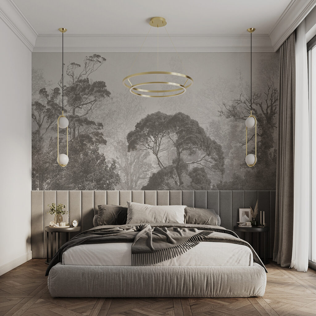 Arbres lointains en gris dans un intérieur