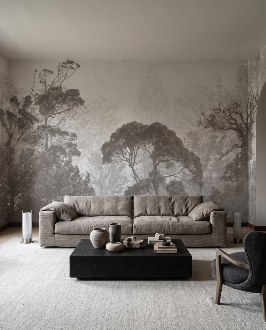 Arbres lointains en gris dans un intérieur