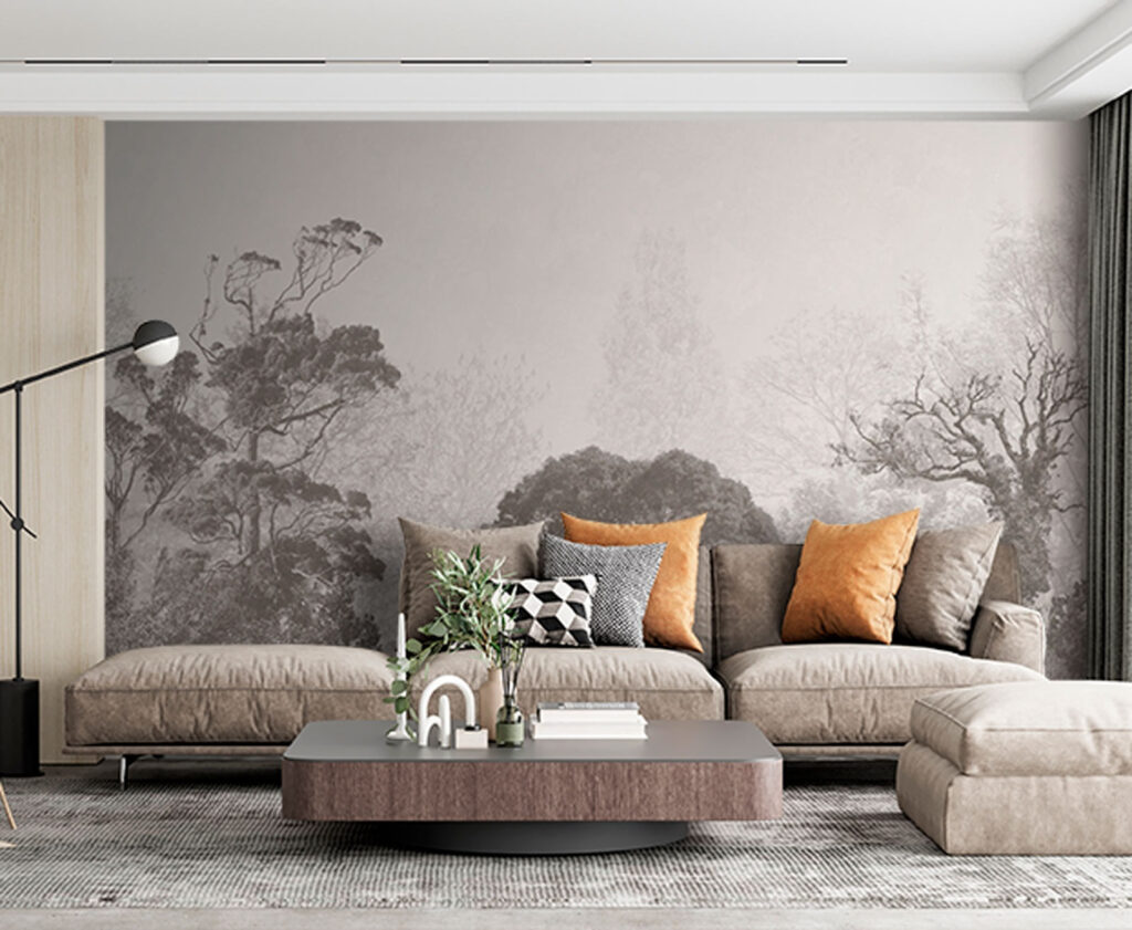 Arbres lointains en gris dans un intérieur