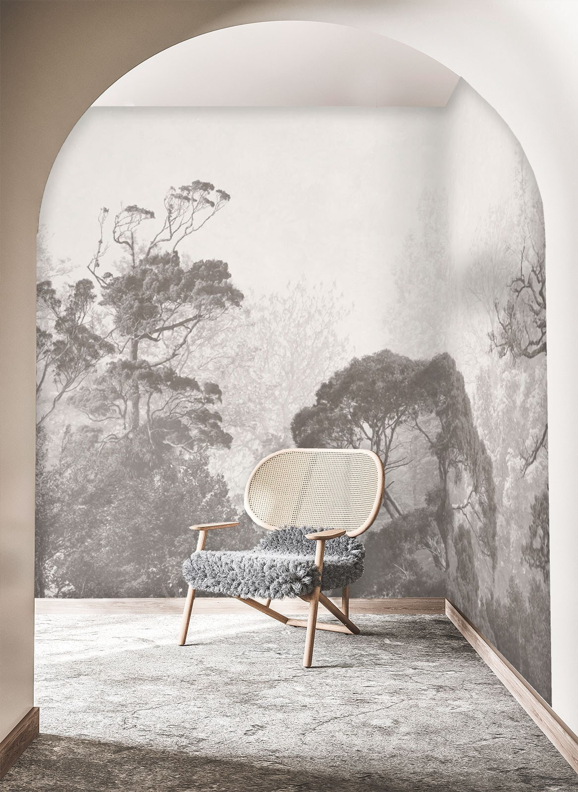 Arbres lointains en gris dans un intérieur