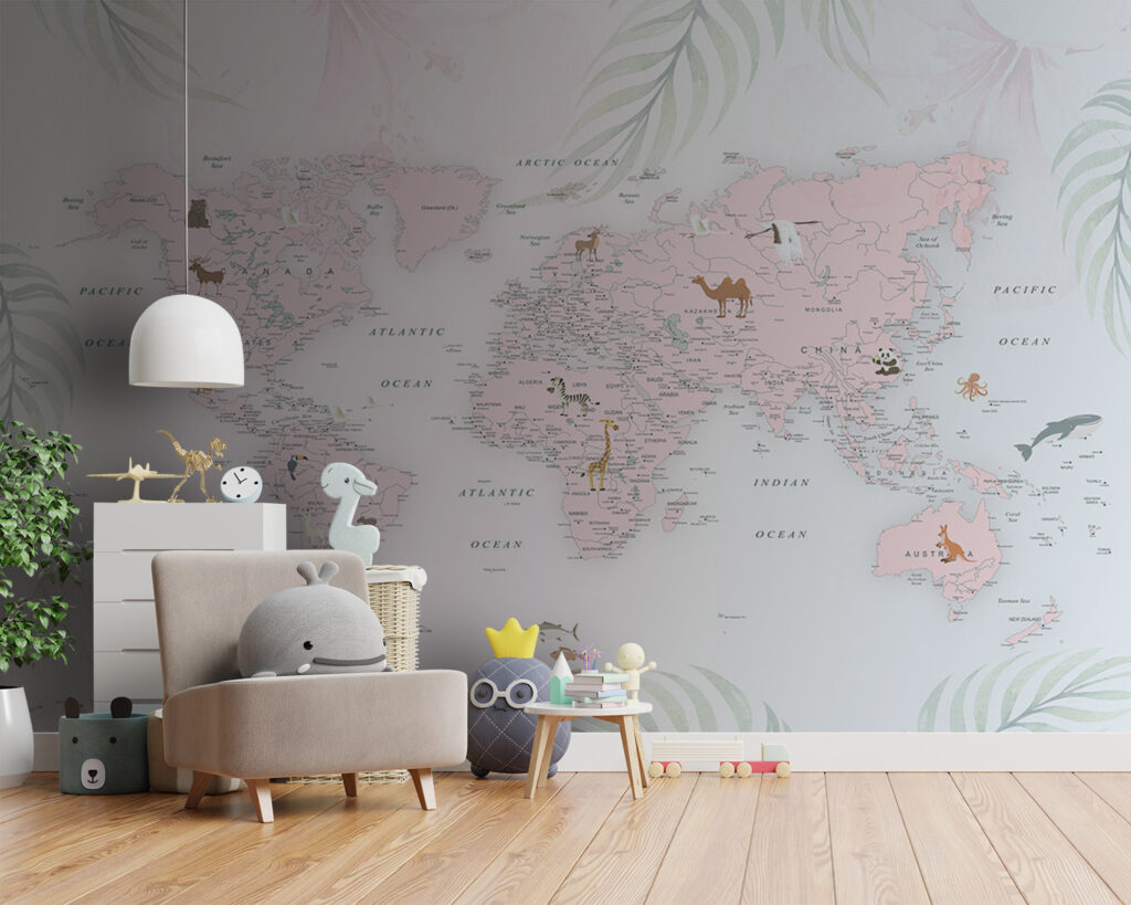 Carte du monde pastel dans un intérieur