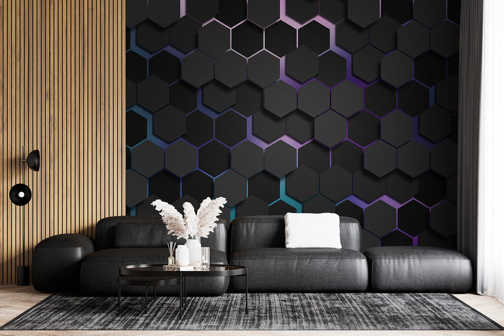 Hexagones aux reflets colorés dans un intérieur