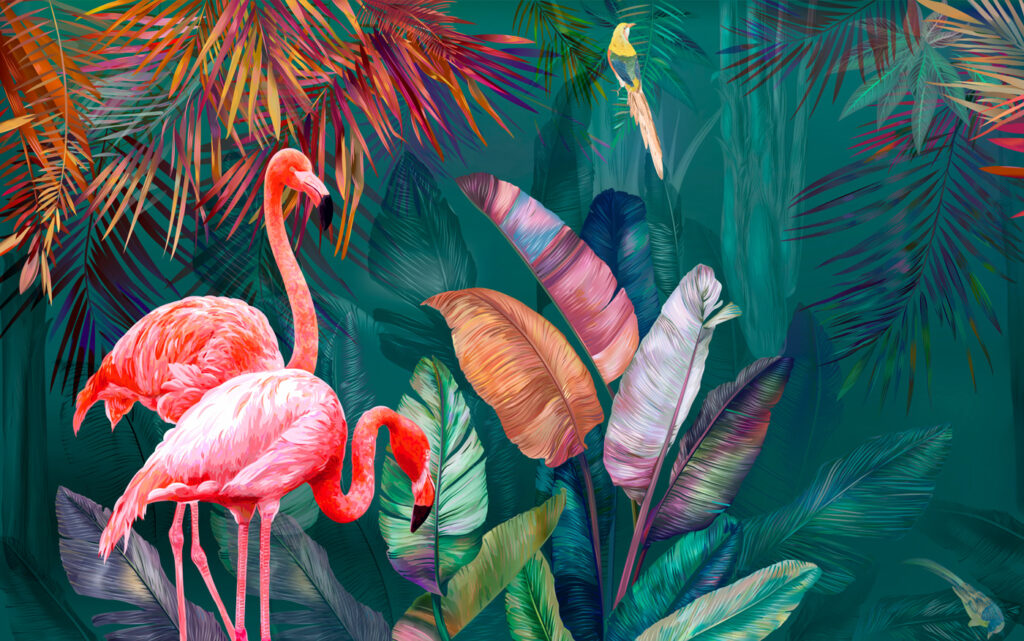 Flamants et feuillage coloré — motif complet