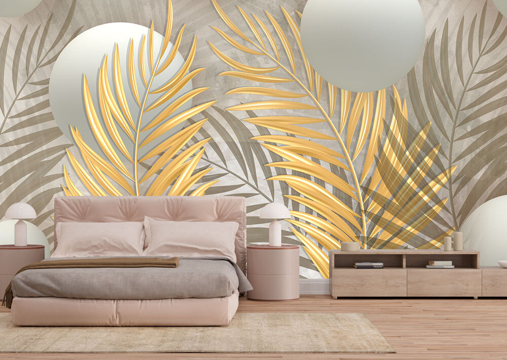 Feuilles dorées, sphères blanches dans un intérieur