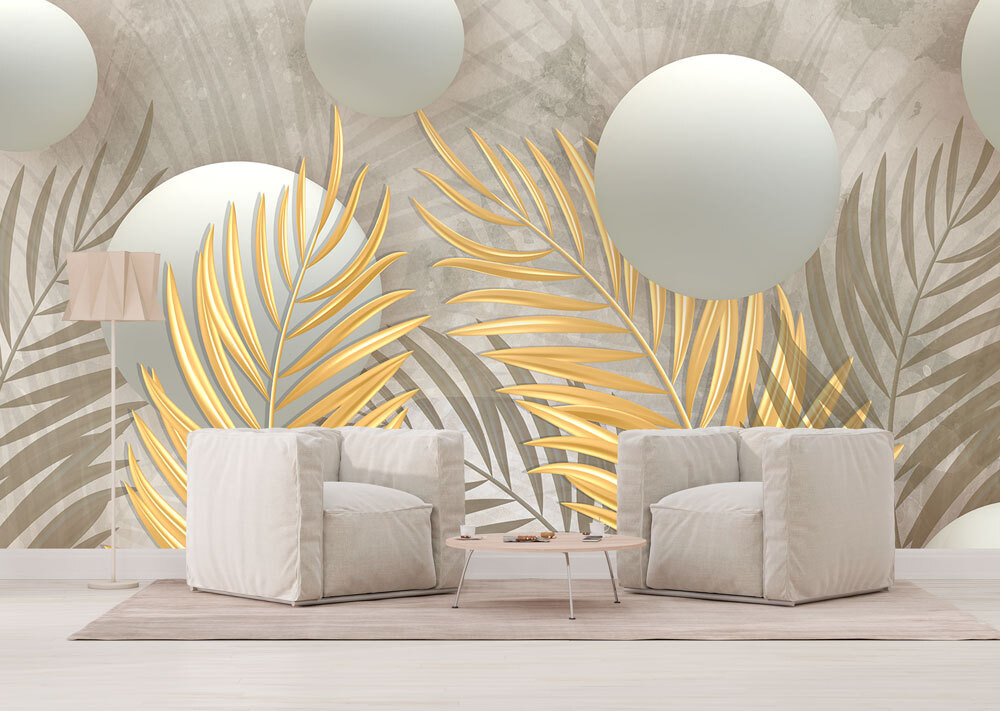 Feuilles dorées, sphères blanches dans un intérieur