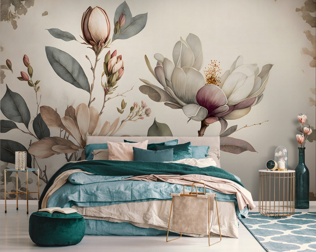 Fleurs sur branches aquarellées dans un intérieur