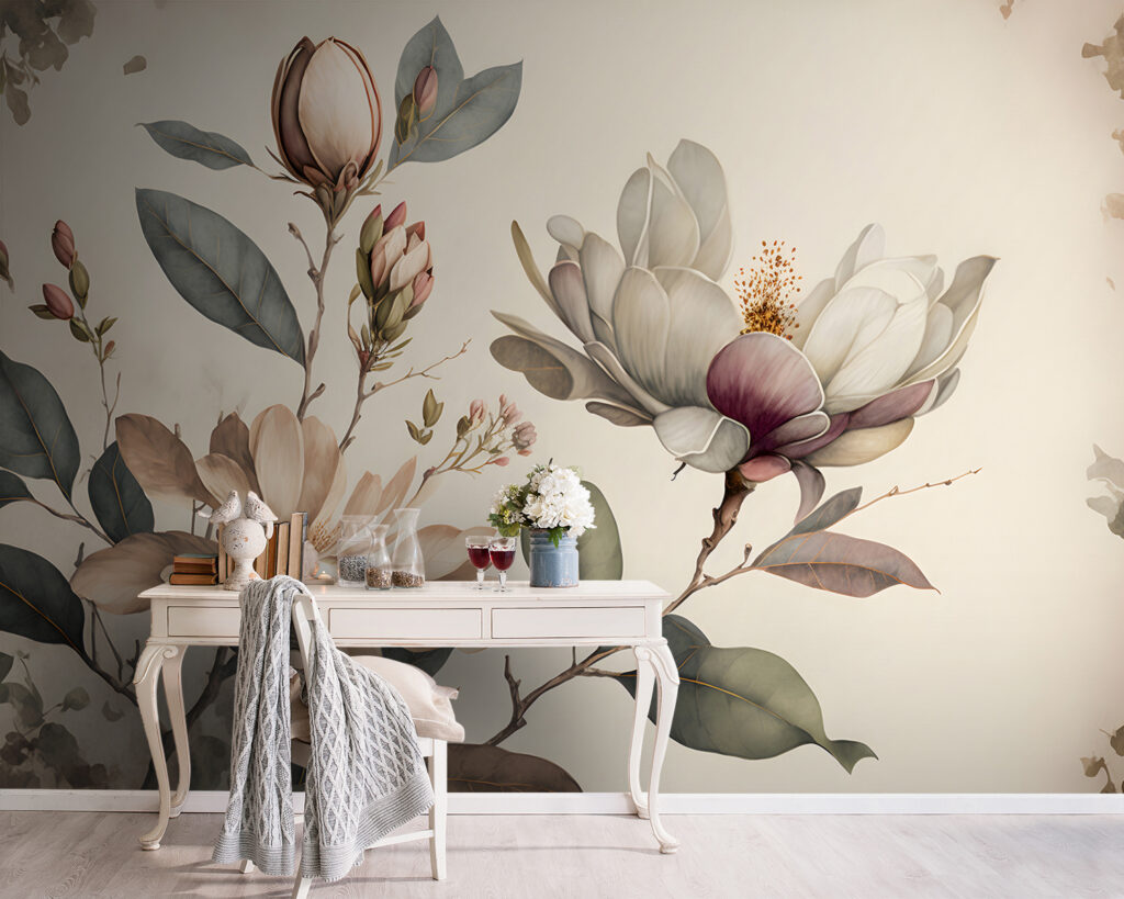 Fleurs sur branches aquarellées dans un intérieur