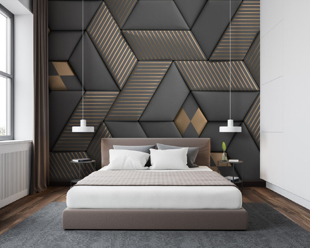 Cubes sombres, nervures dorées dans un intérieur