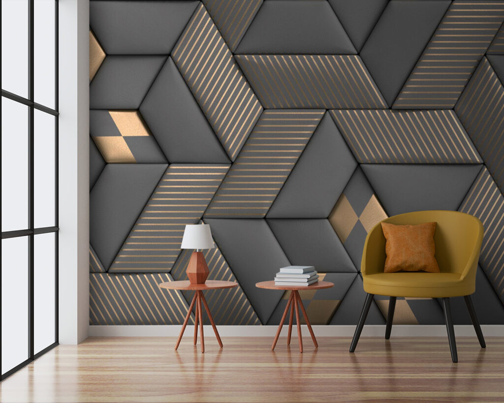 Cubes sombres, nervures dorées dans un intérieur
