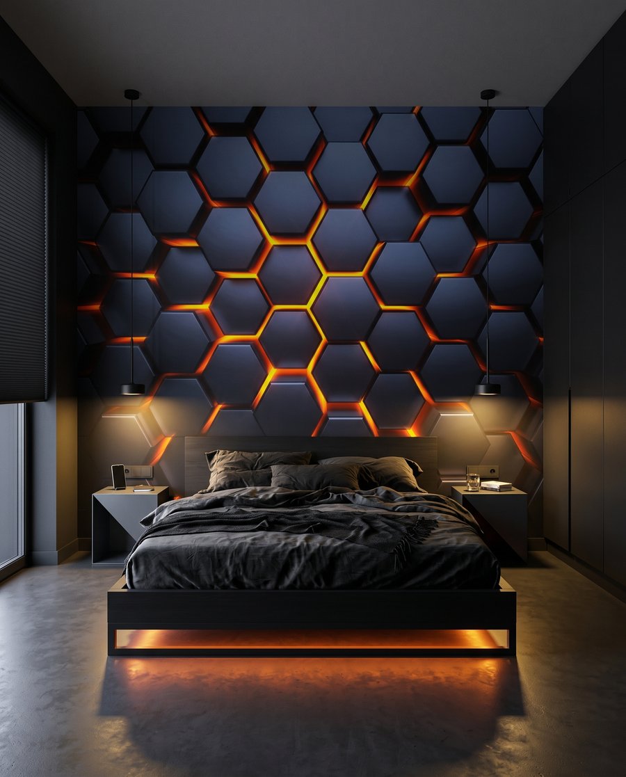 Lueur entre hexagones bleus dans un intérieur