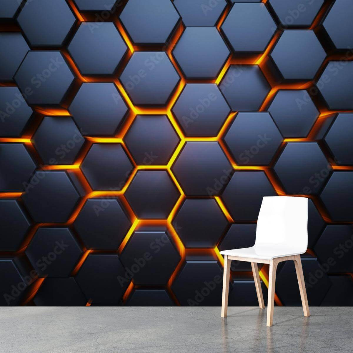 Lueur entre hexagones bleus dans un intérieur