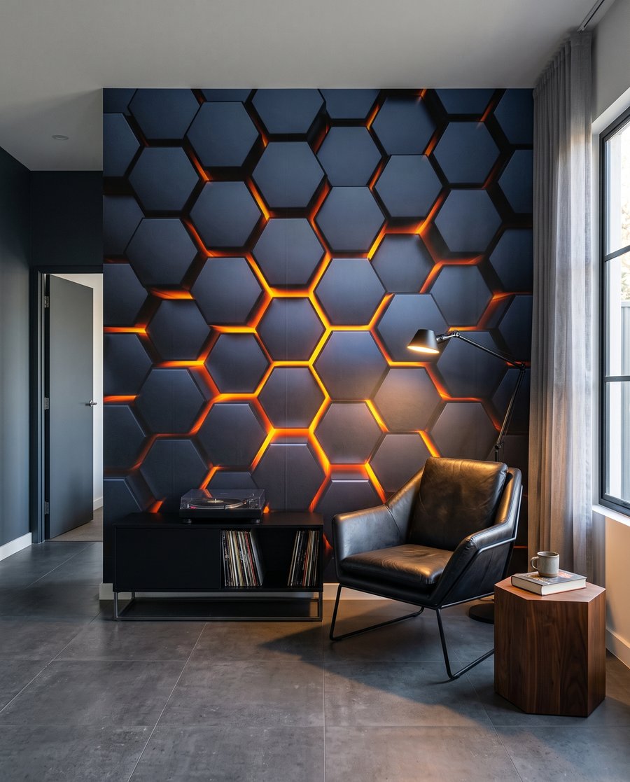 Lueur entre hexagones bleus dans un intérieur