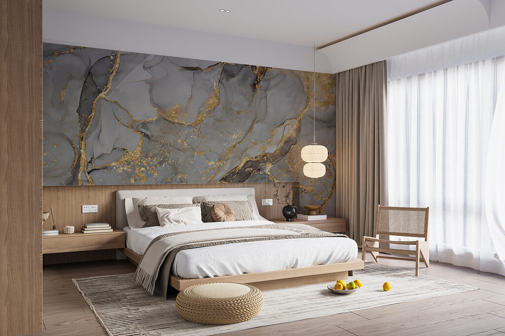 Traces d’or, veines sombres dans un intérieur