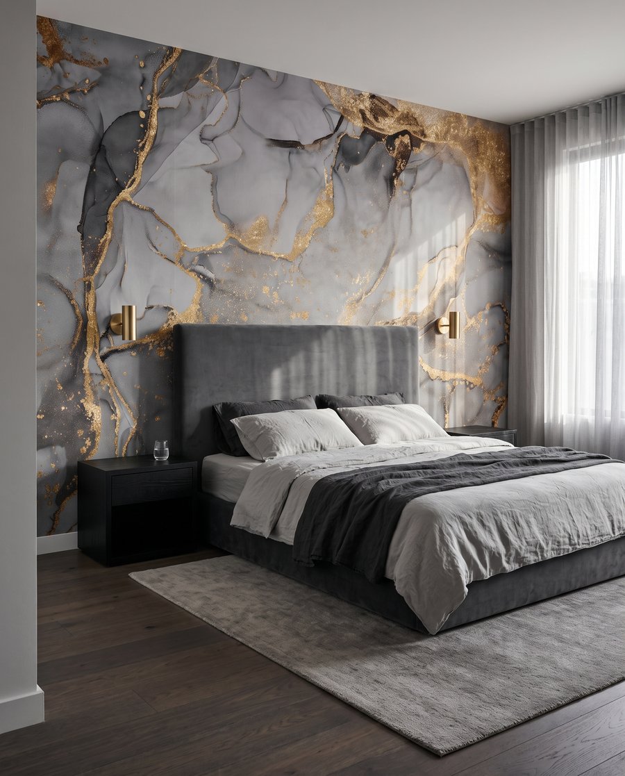 Traces d’or, veines sombres dans un intérieur