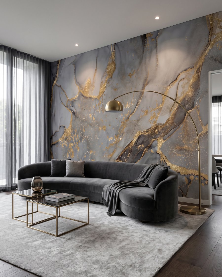 Traces d’or, veines sombres dans un intérieur