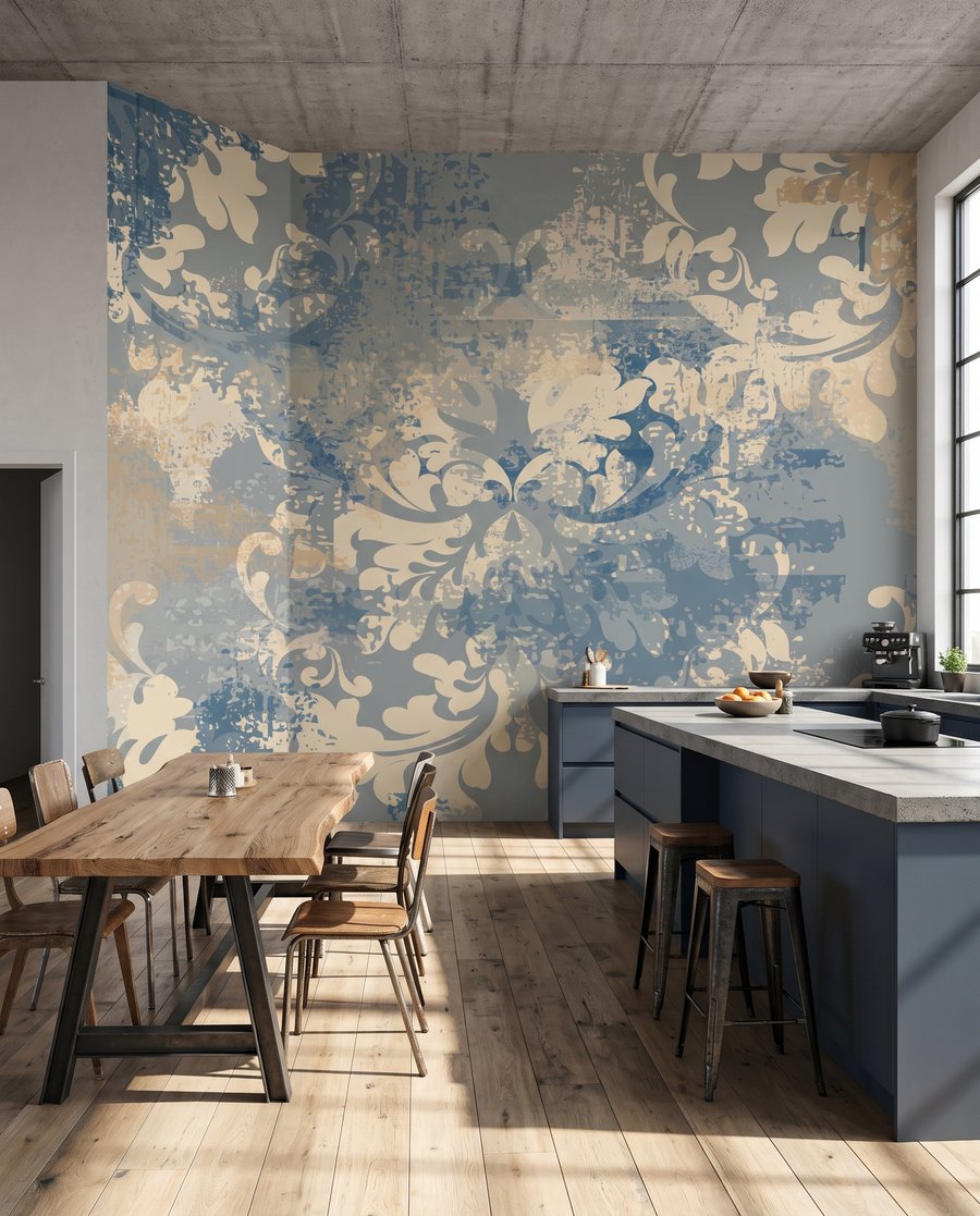 Ornements patinés sur bleu-gris dans un intérieur