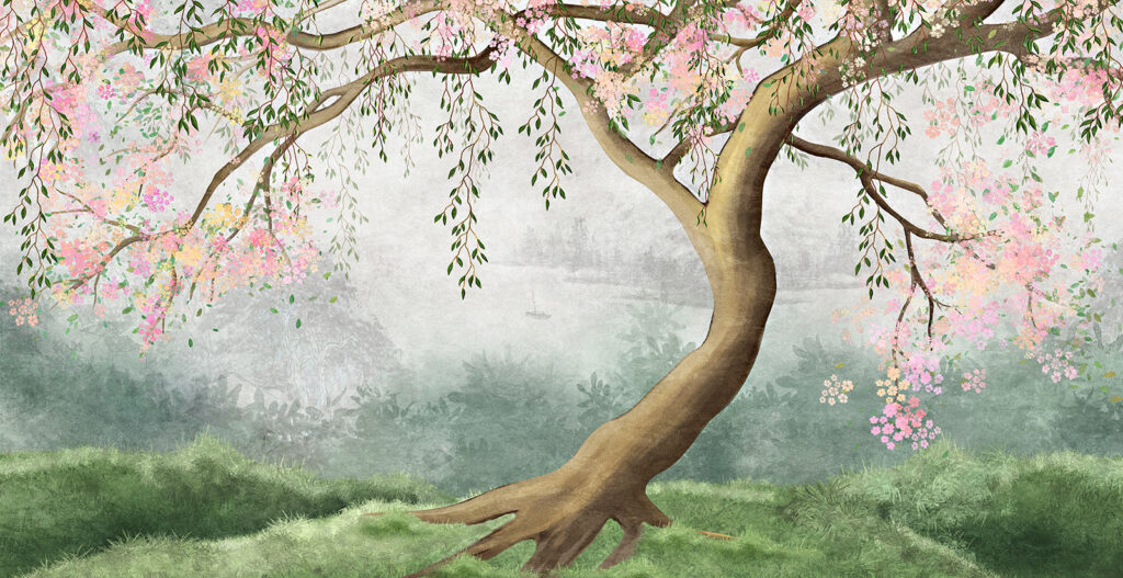 Arbre aux fleurs roses — motif complet