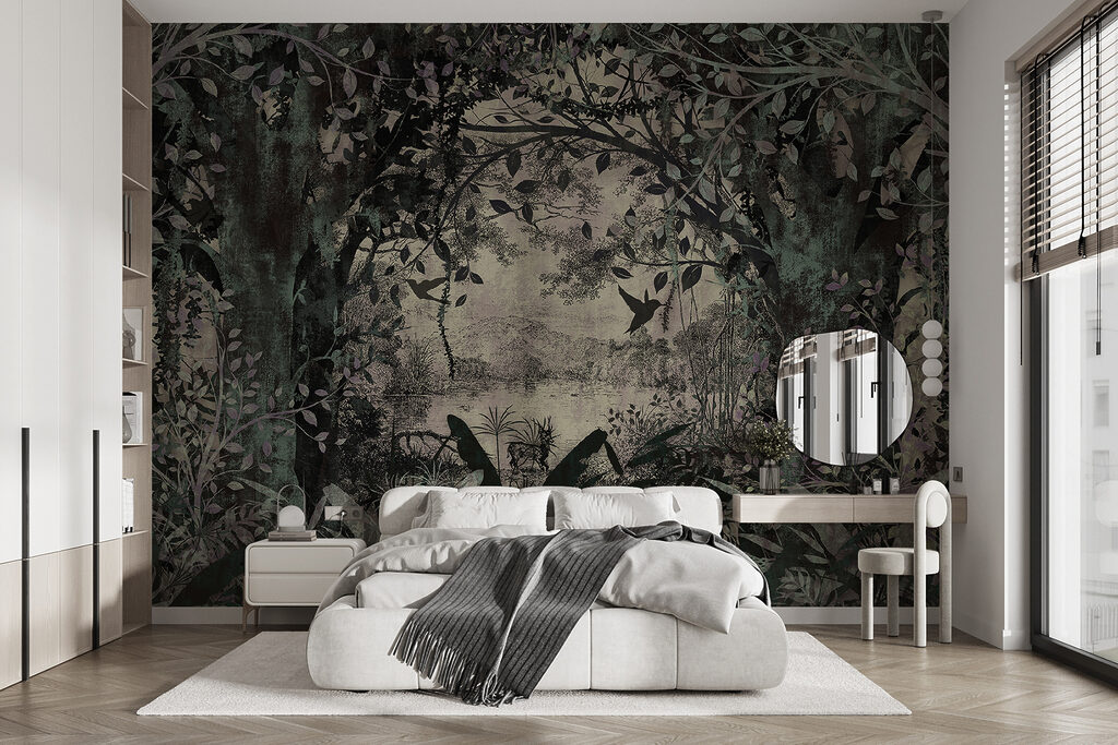 Forêt en traits gris-vert dans un intérieur