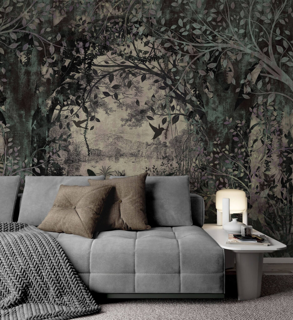 Forêt en traits gris-vert dans un intérieur