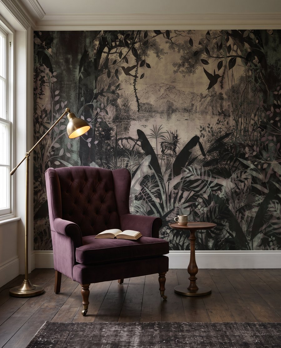 Forêt en traits gris-vert dans un intérieur