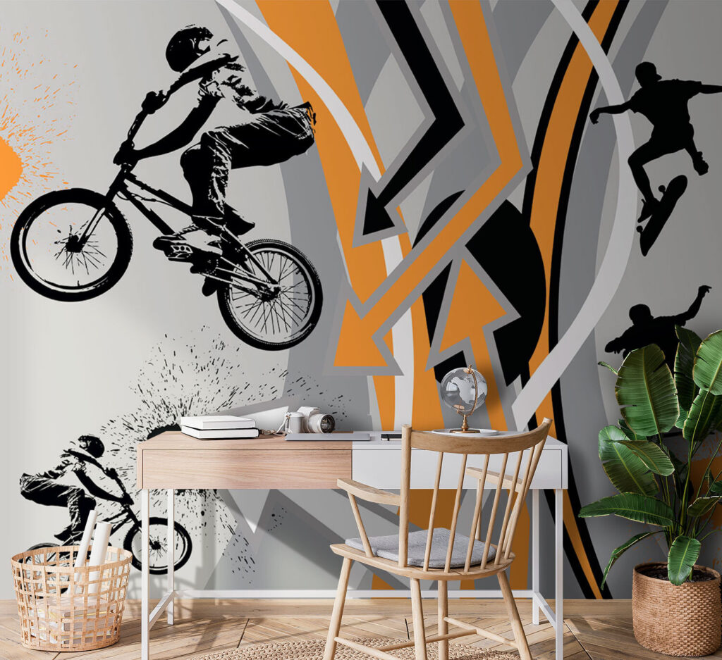 Élan entre lignes orange dans un intérieur