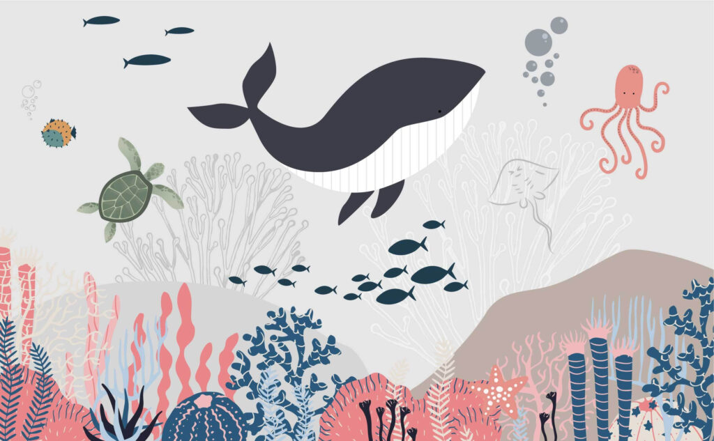 Baleine et poissons — motif complet
