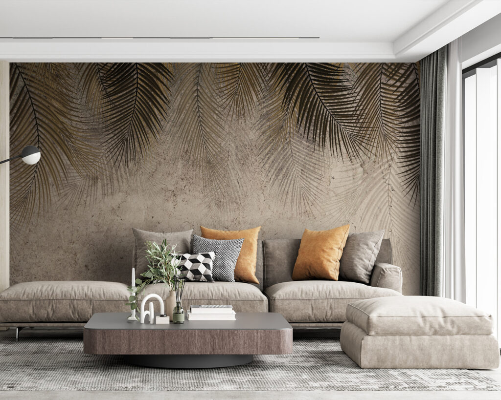 Palmes sur ombre brune dans un intérieur