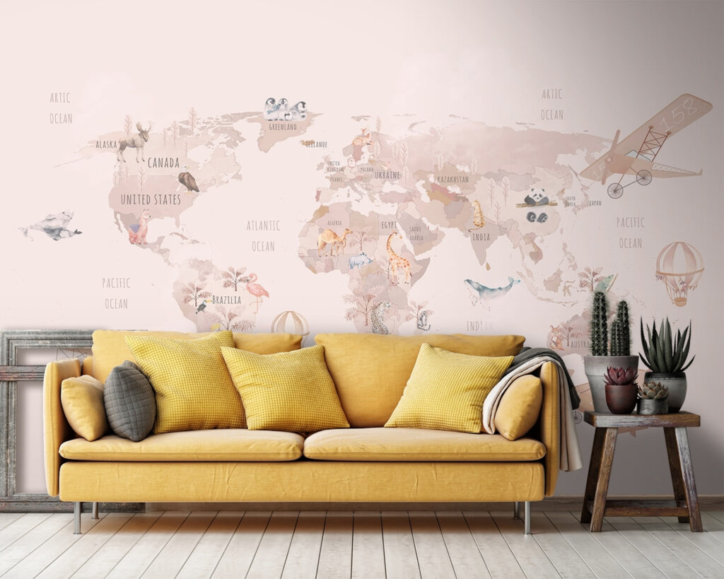 Mappemonde aux routes roses dans un intérieur