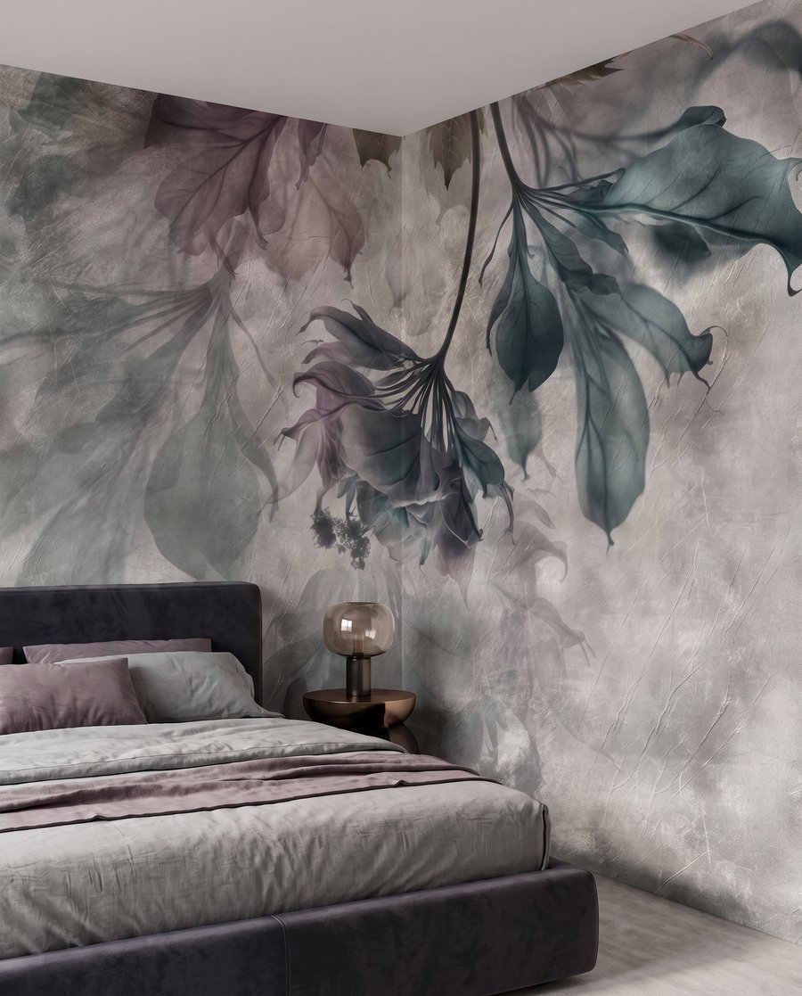 Feuilles sur fond nuageux dans un intérieur