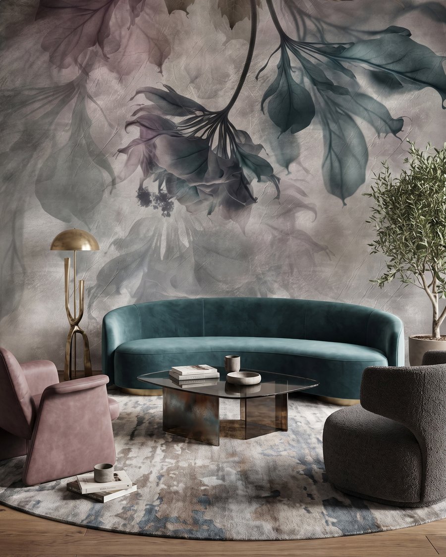 Feuilles sur fond nuageux dans un intérieur