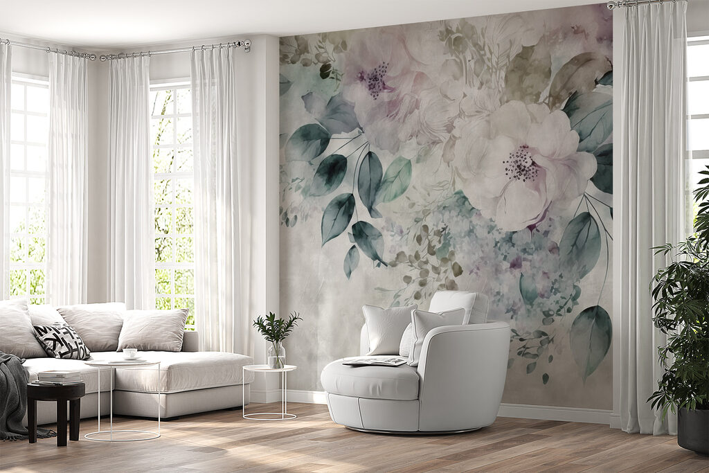 Fleurs sur brume grise dans un intérieur