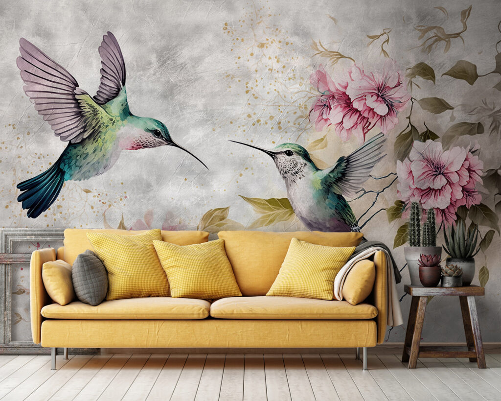Colibris et fleurs délicates dans un intérieur