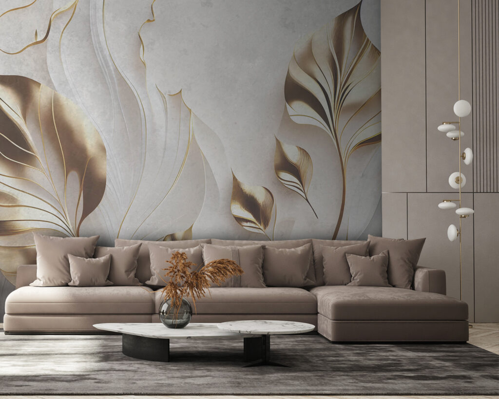 Feuilles dorées, plis blancs dans un intérieur