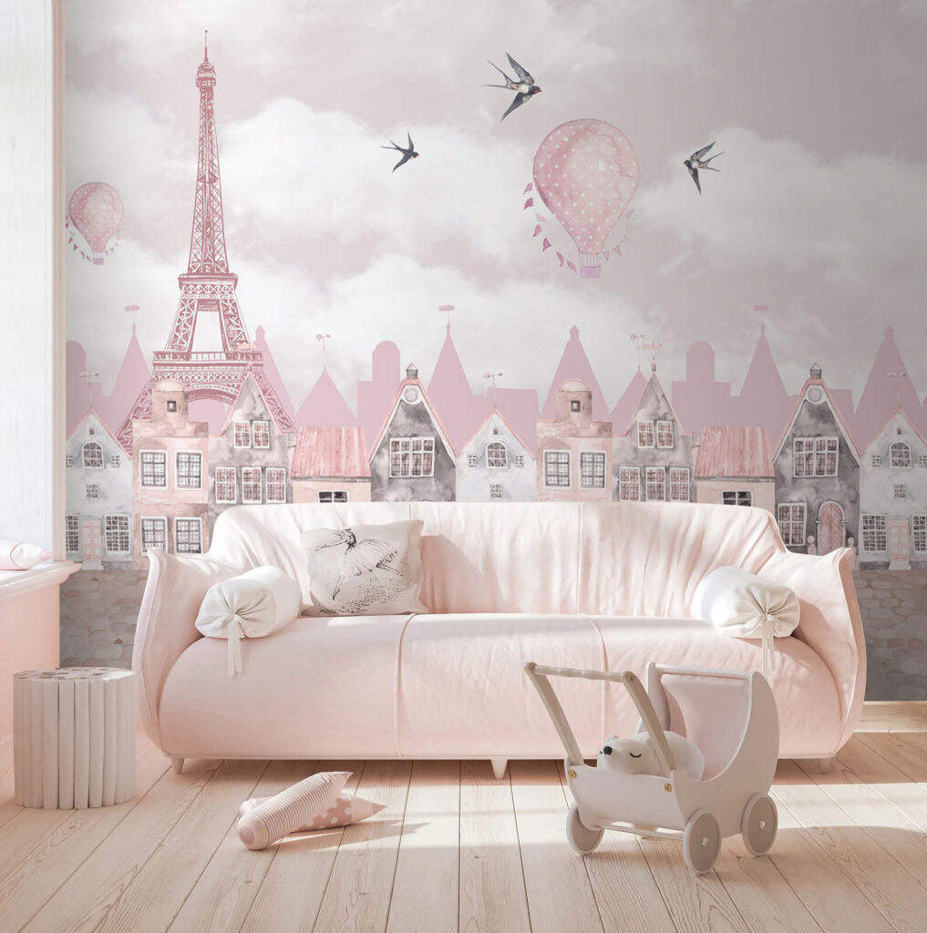 Maisons roses et nuages dans un intérieur