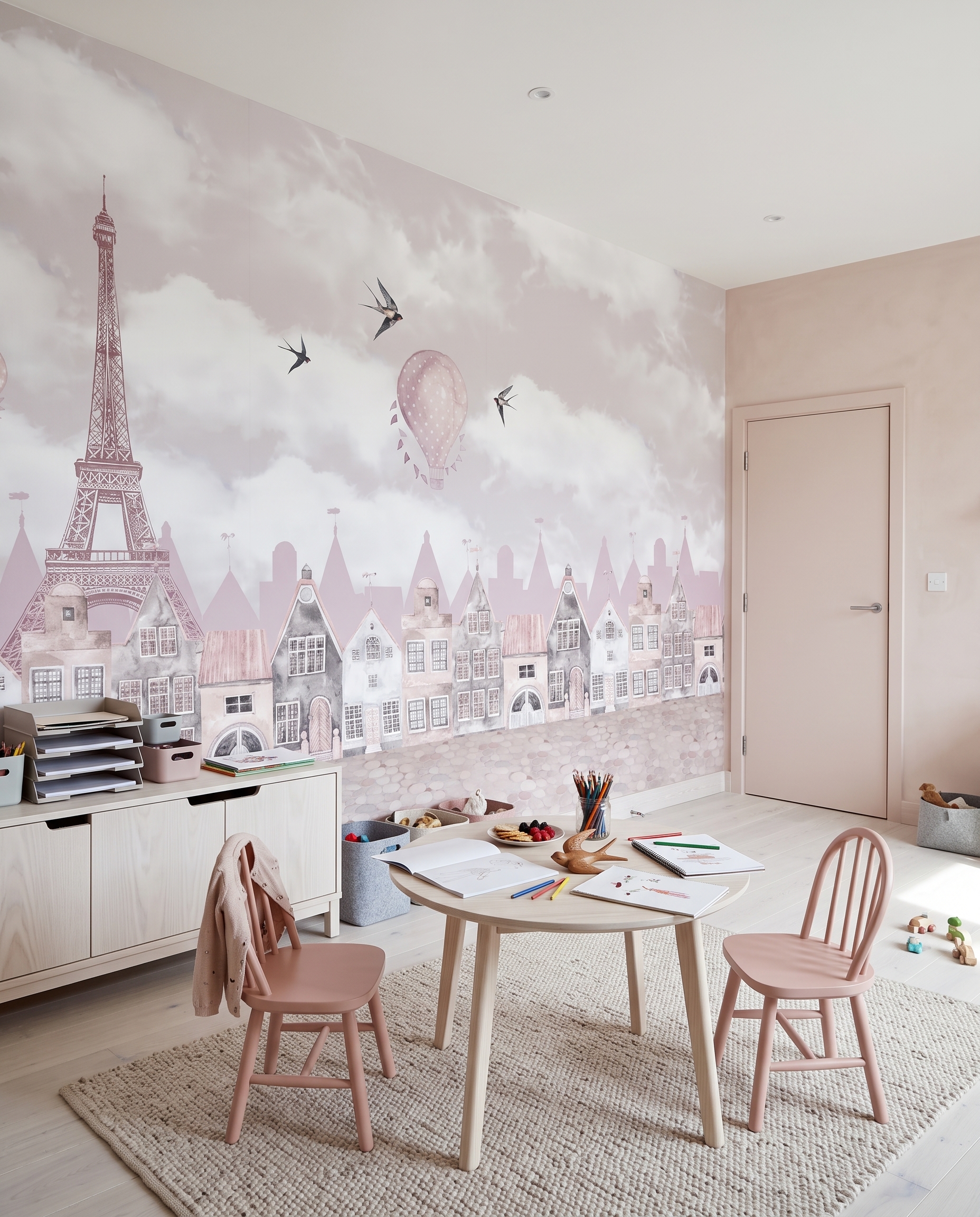 Maisons roses et nuages dans un intérieur