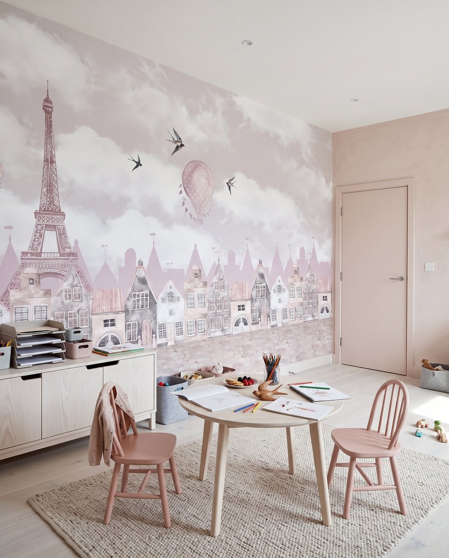Maisons roses et nuages dans un intérieur