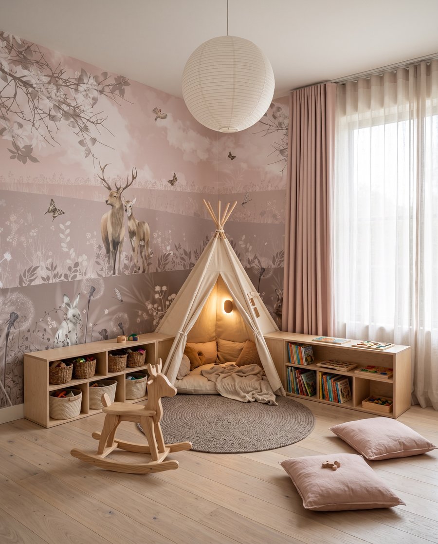 Cerfs en prairie rose dans un intérieur