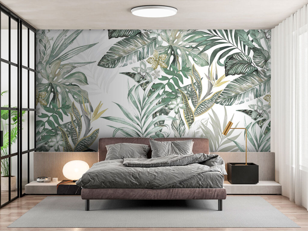 Feuilles tropicales en lignes dans un intérieur