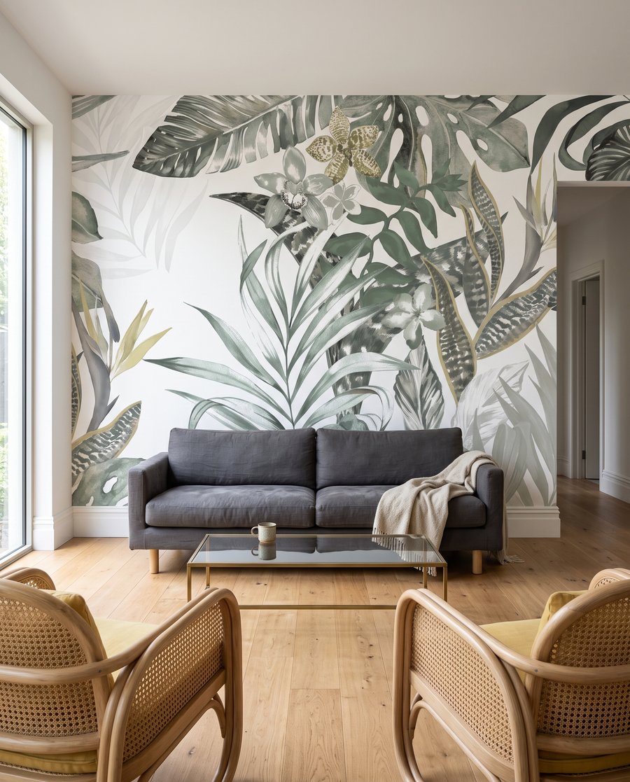 Feuilles tropicales en lignes dans un intérieur