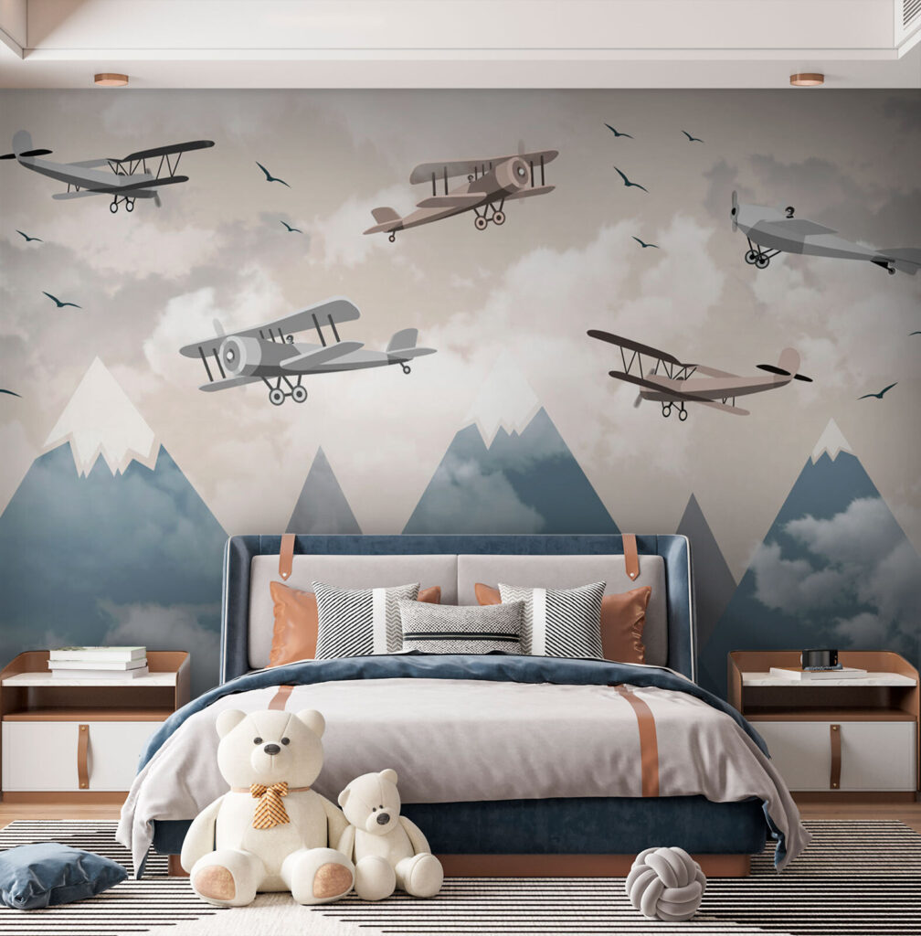 Avions et sommets enneigés dans un intérieur